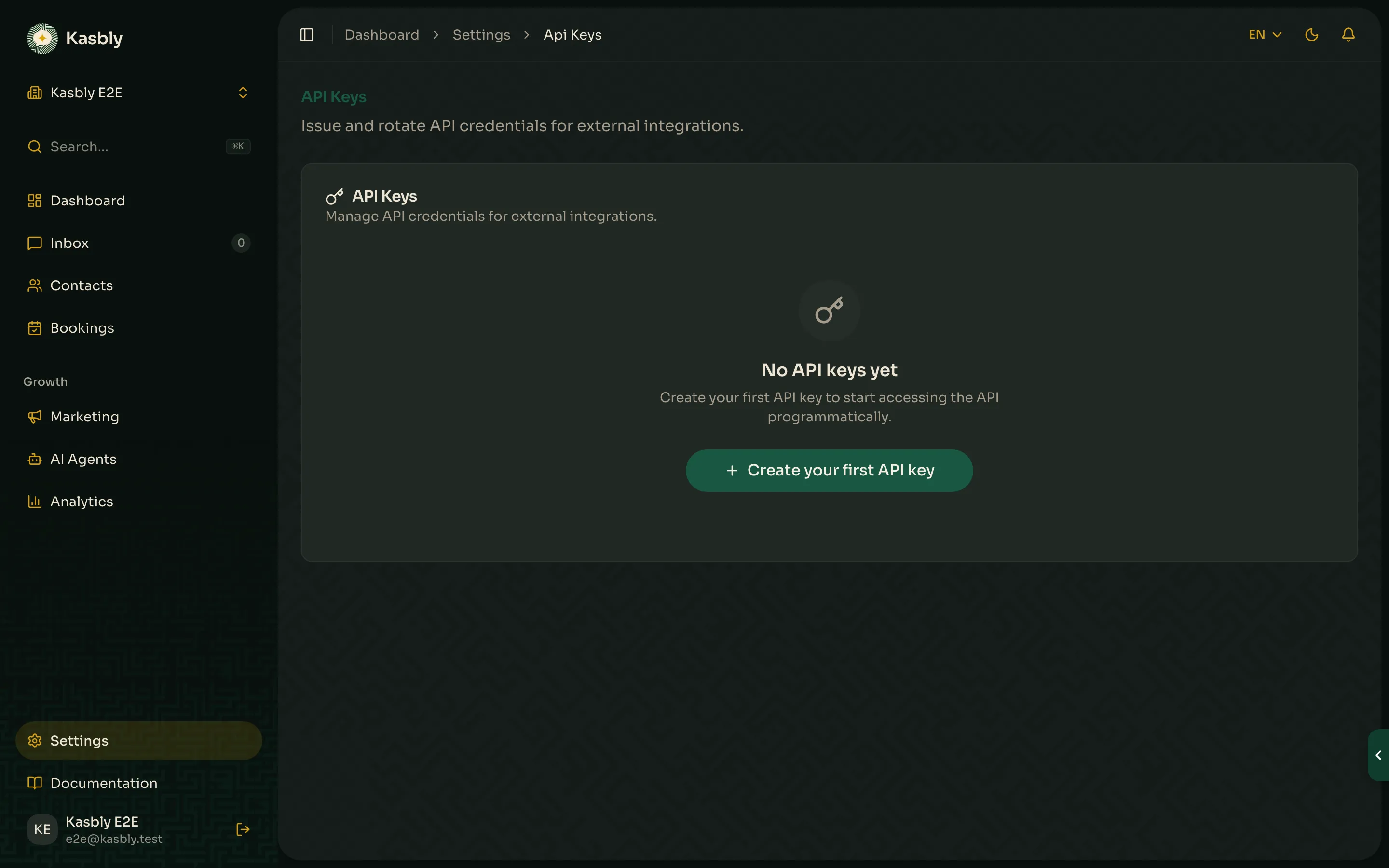 The API Keys settings page