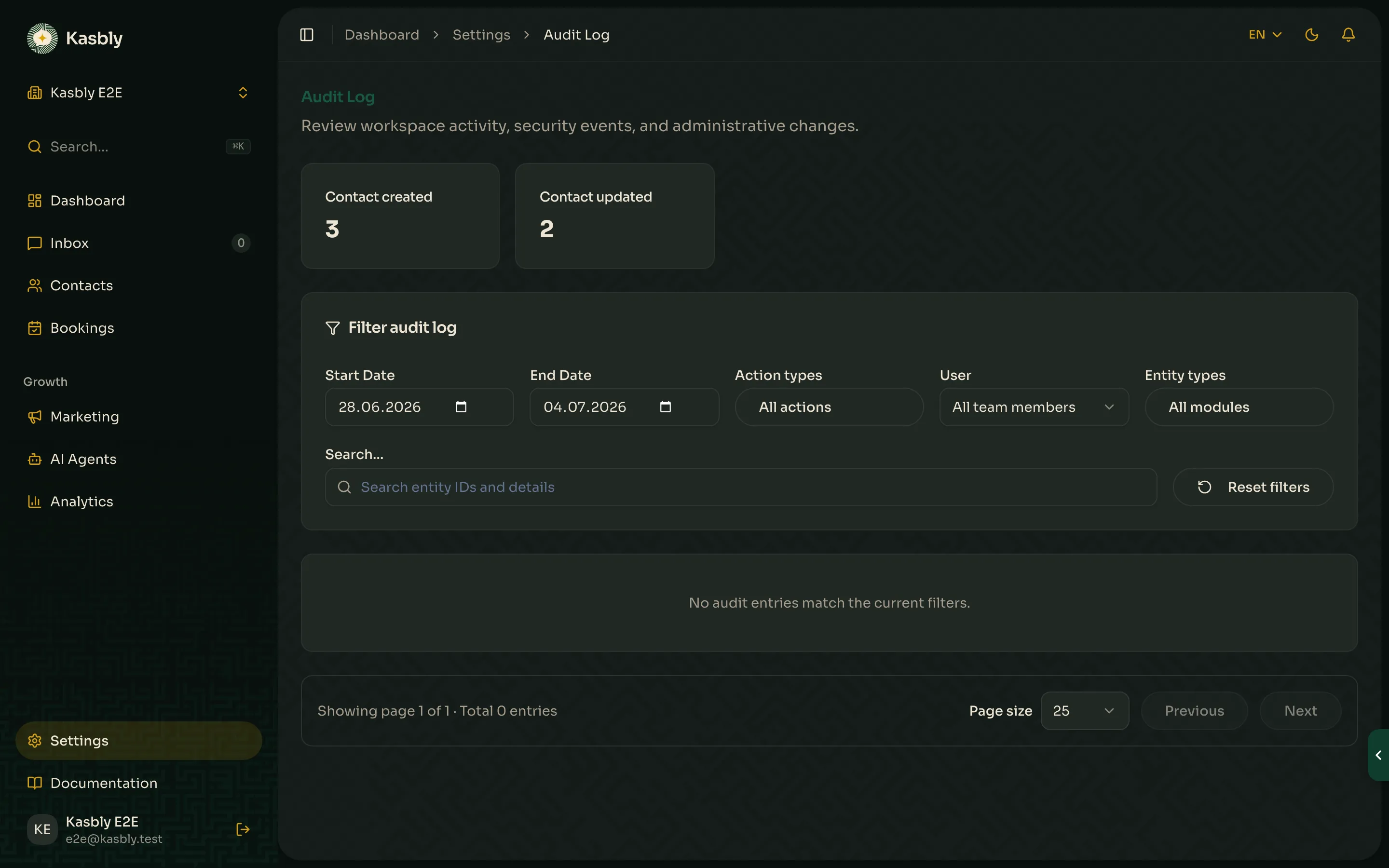 The Audit Log settings page