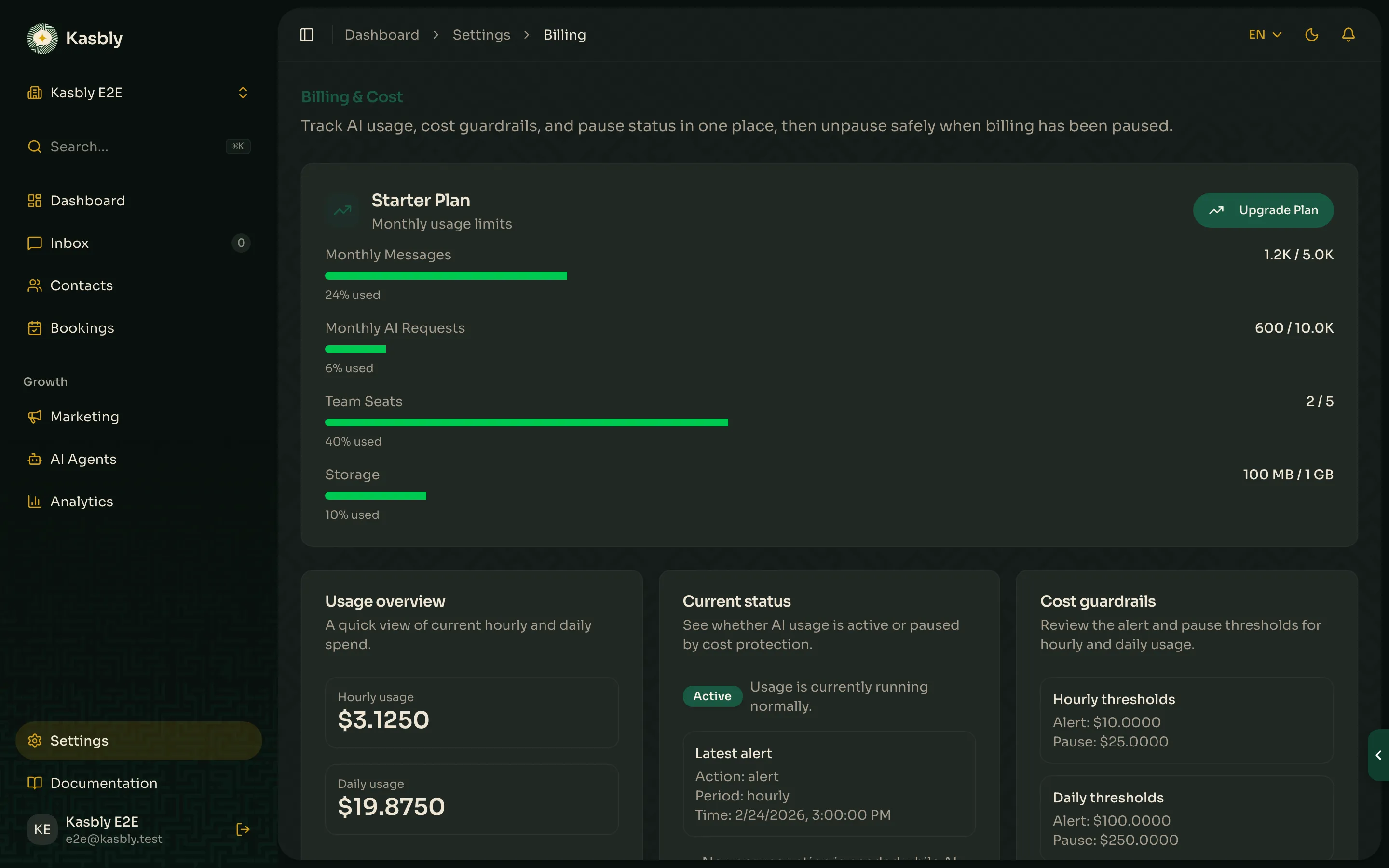The Billing settings page
