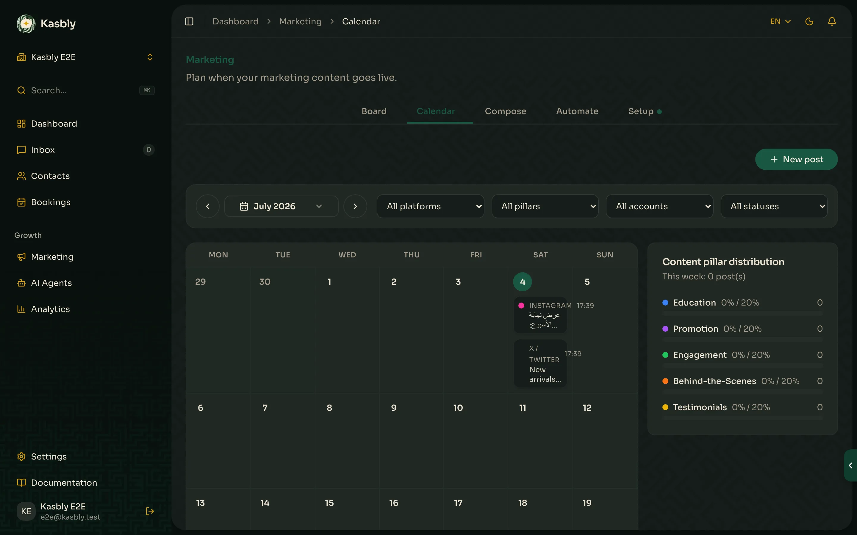 The marketing Calendar view