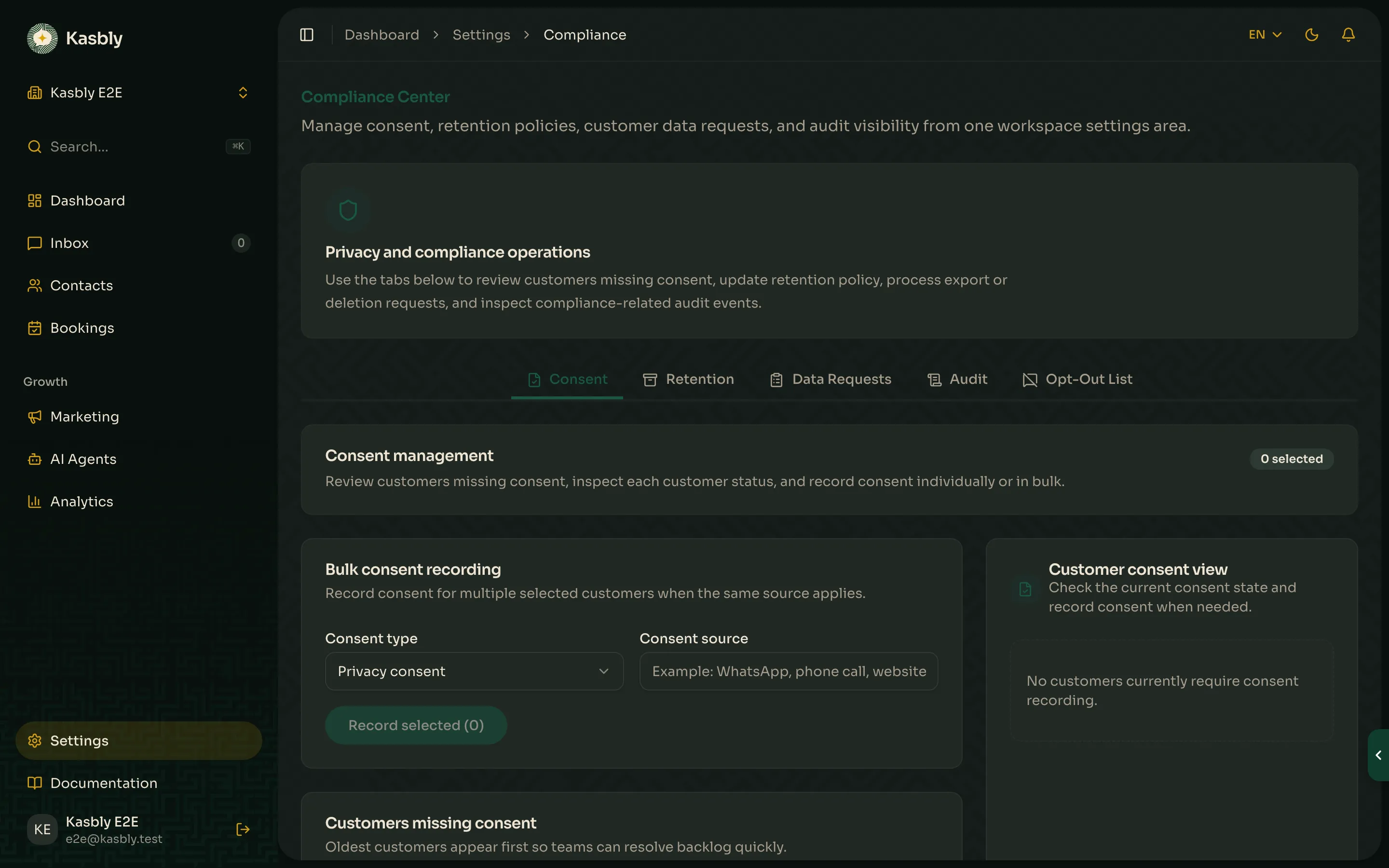 The Compliance settings page