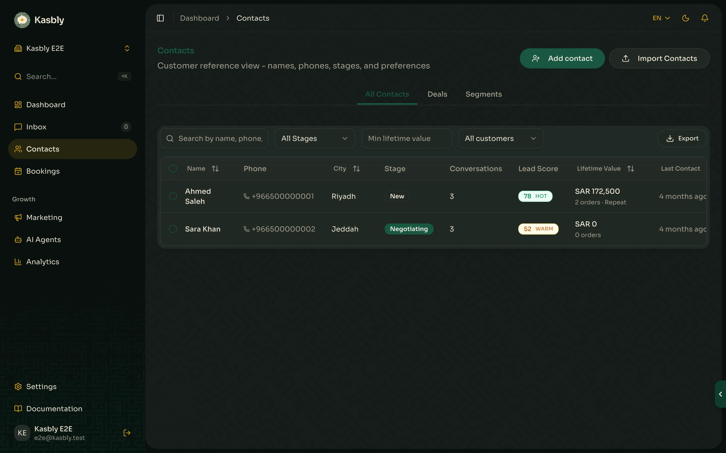 The Contacts list with stage, lead score, and last-contact columns