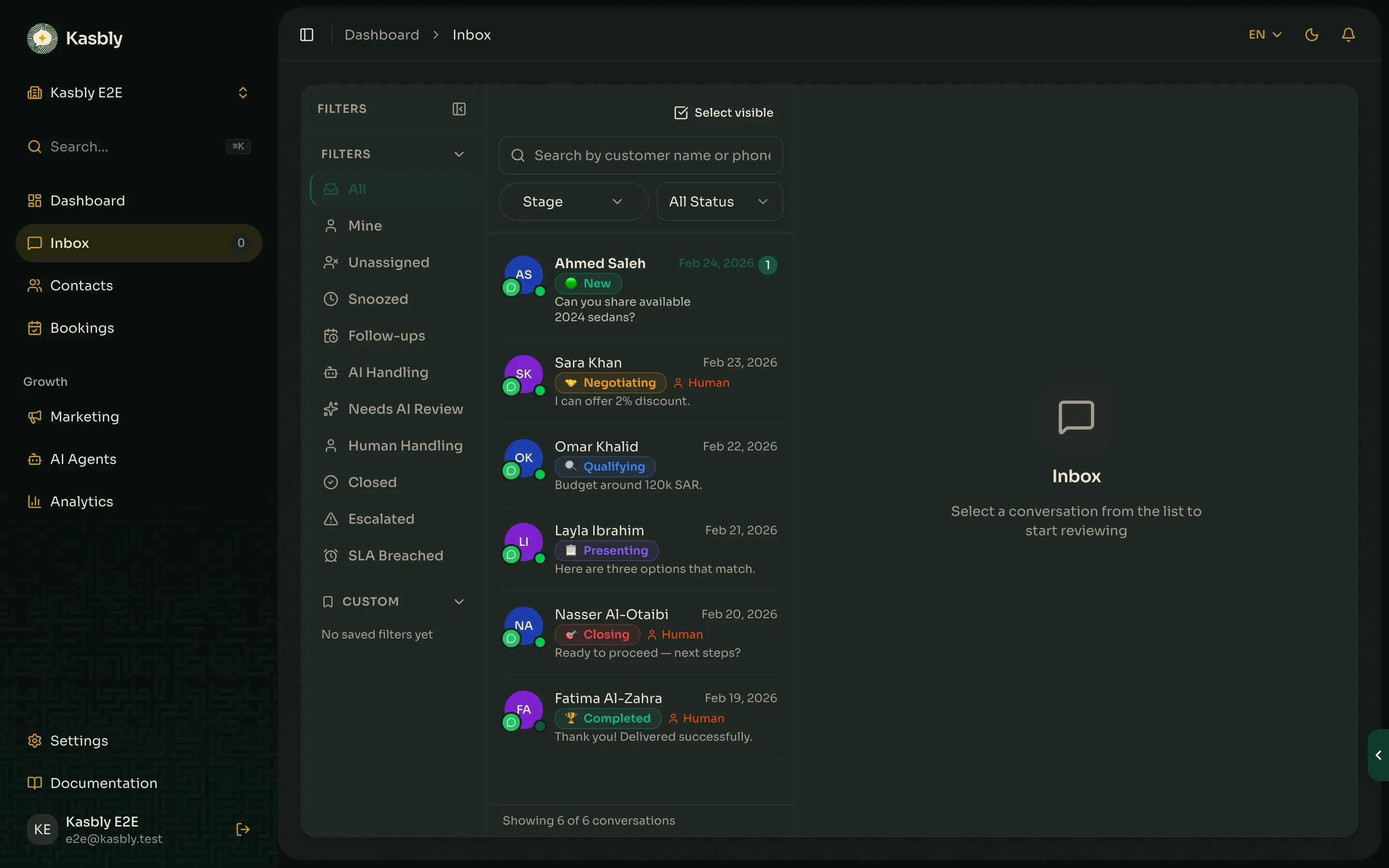 The unified Inbox with a list of conversations, stage labels, and filters