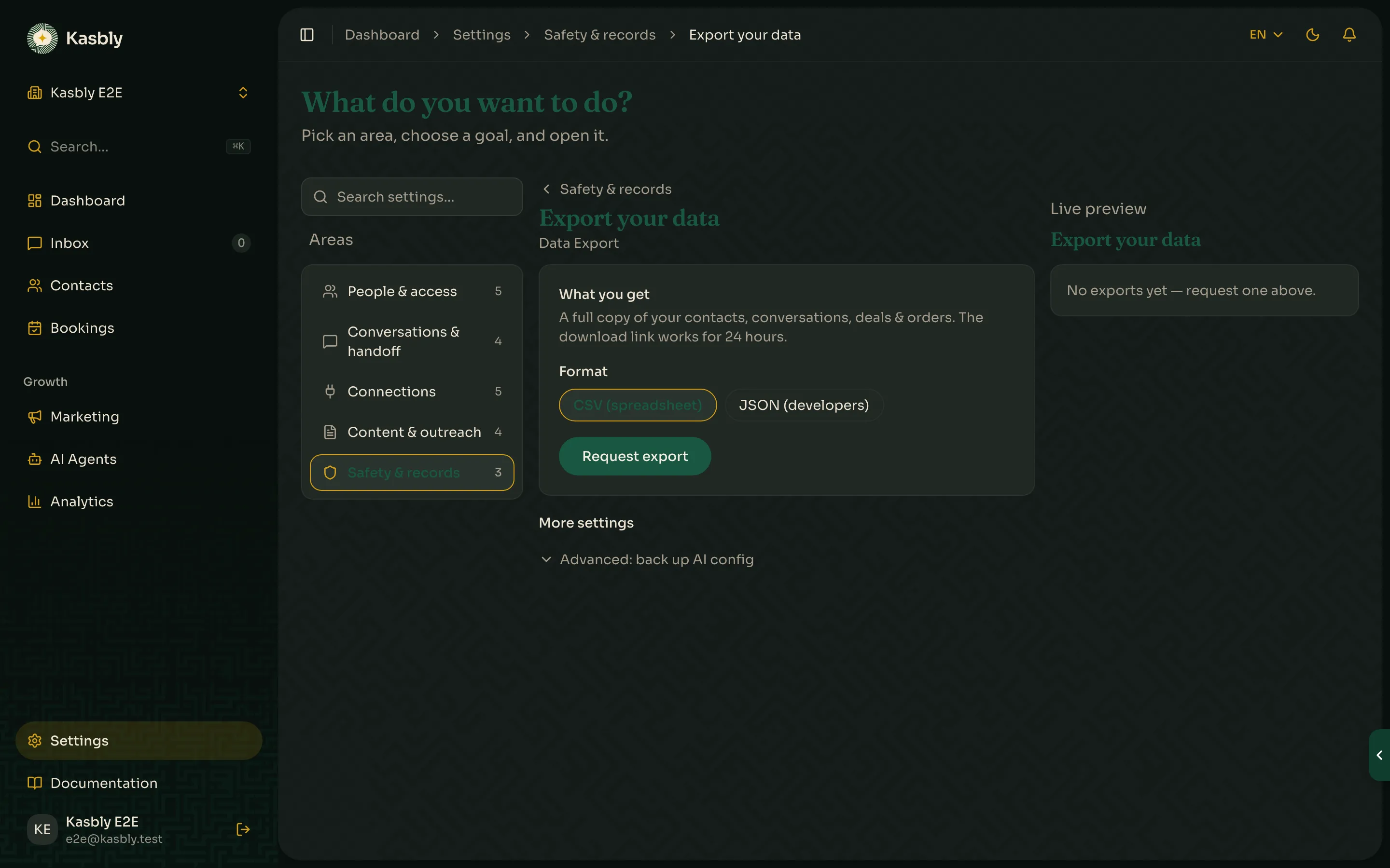 The Data Export settings page