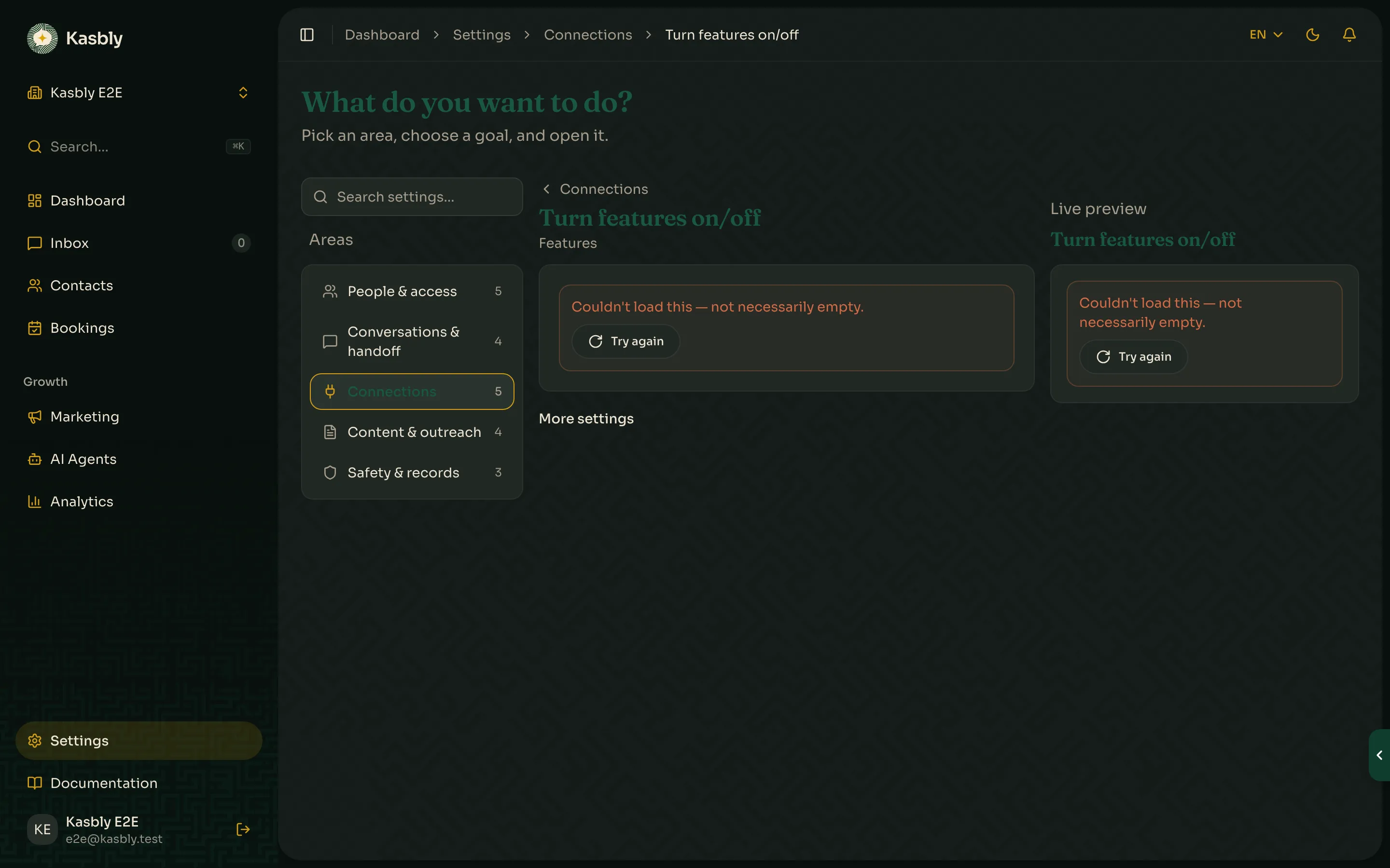 The Features settings page