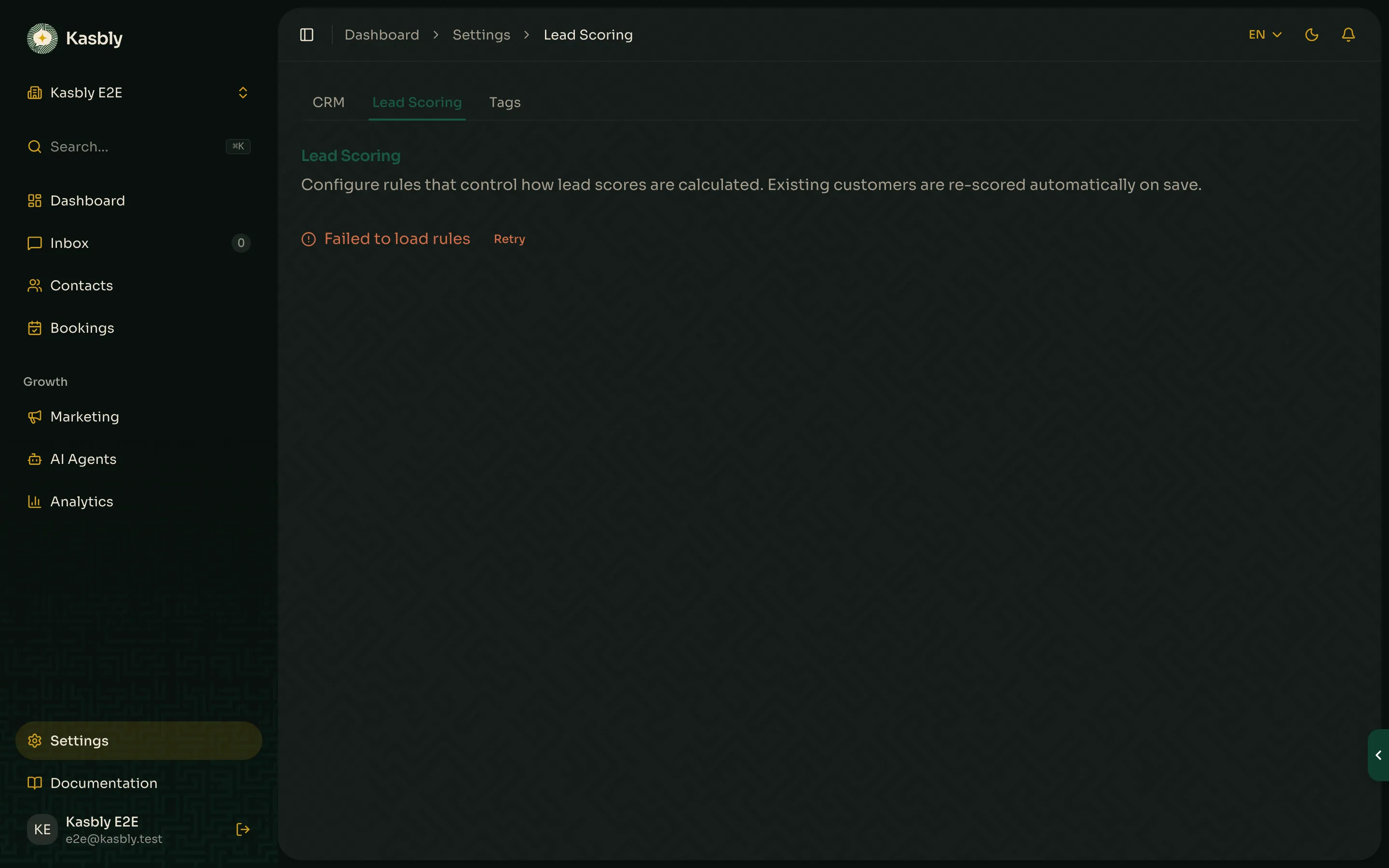 The Lead Scoring settings page