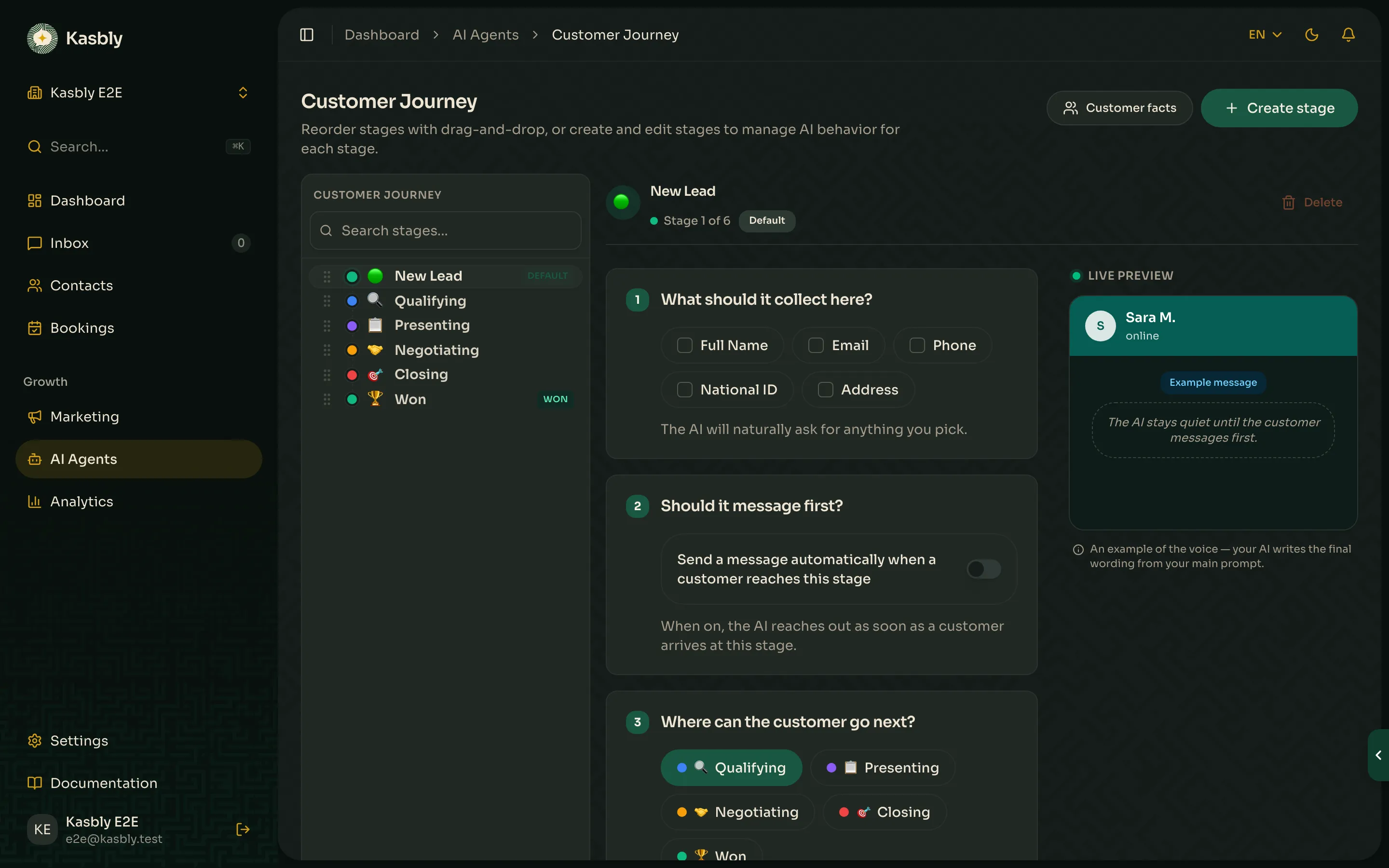The Lifecycle Stages editor with stages, order, and colors