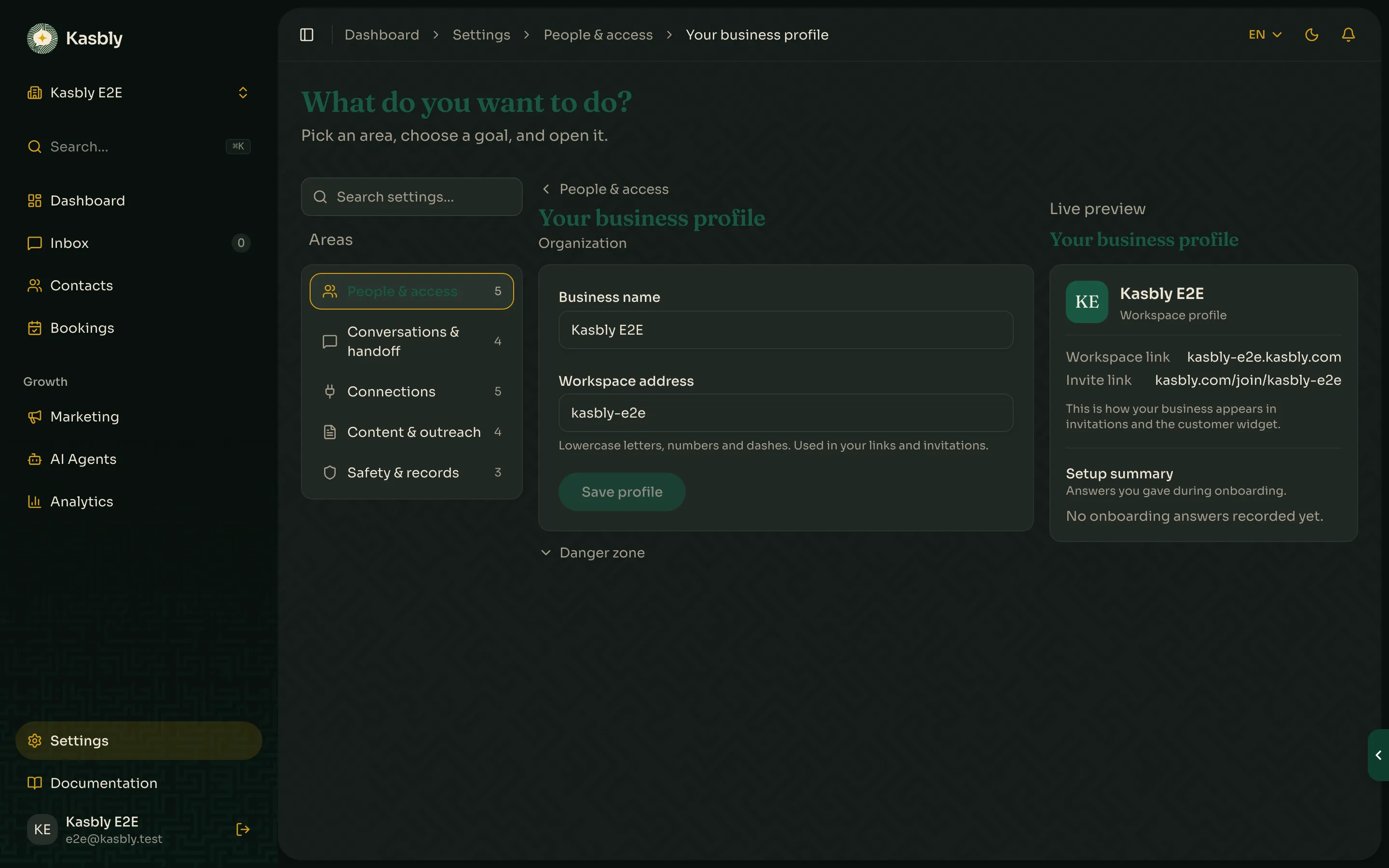 The Organization settings page