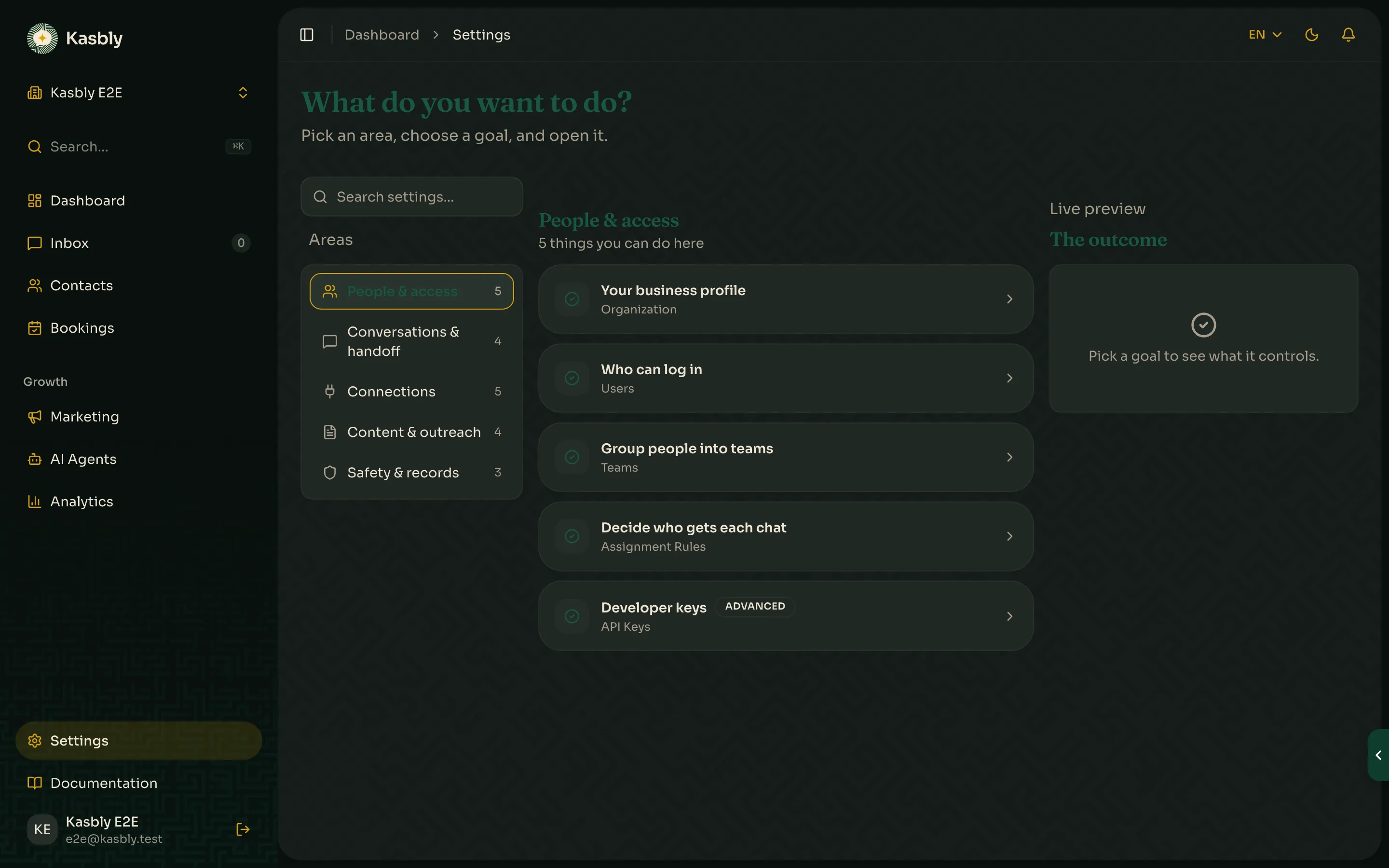 Settings with the Integrations group in the sidebar