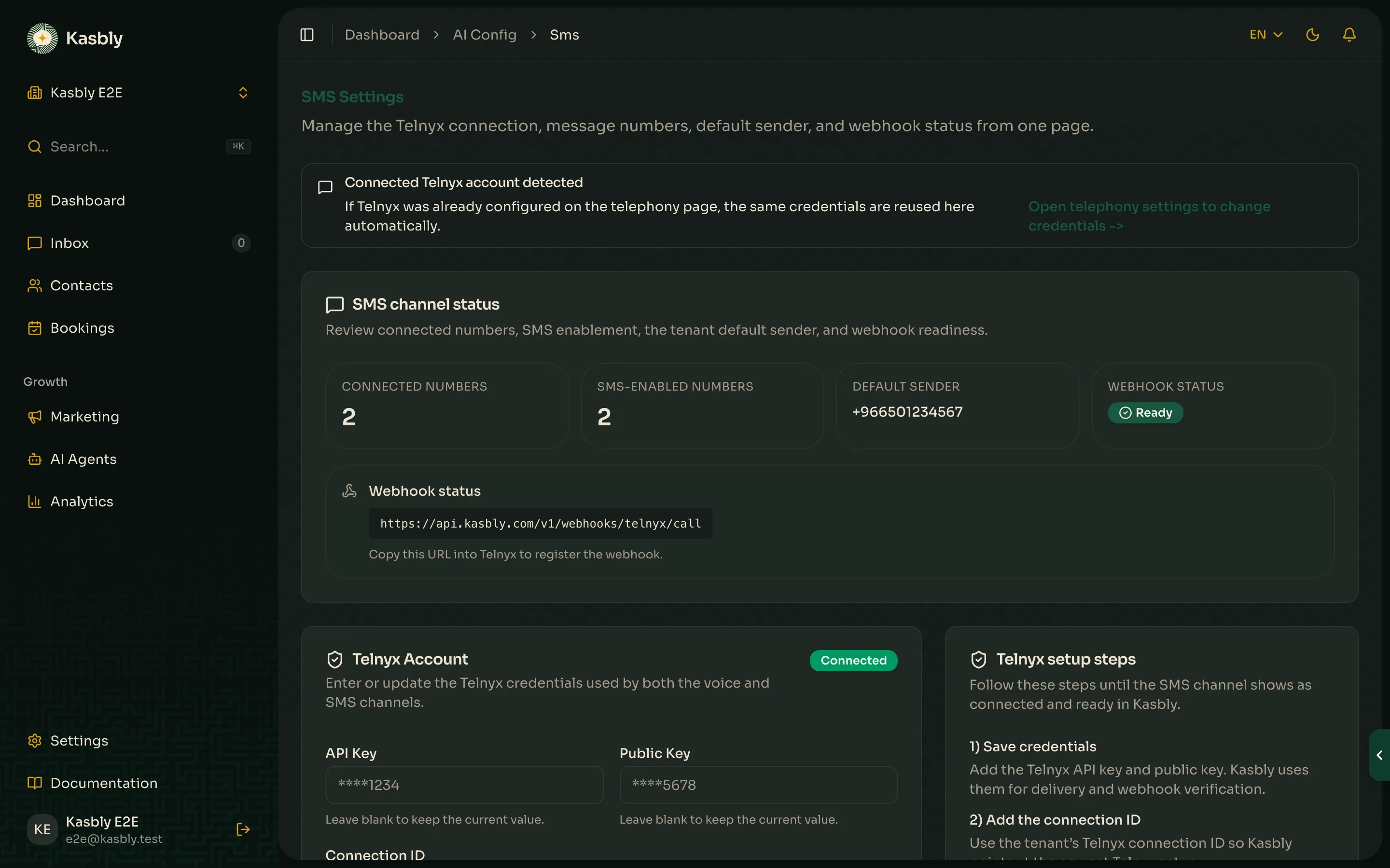 SMS Settings page showing Telnyx account and channel status