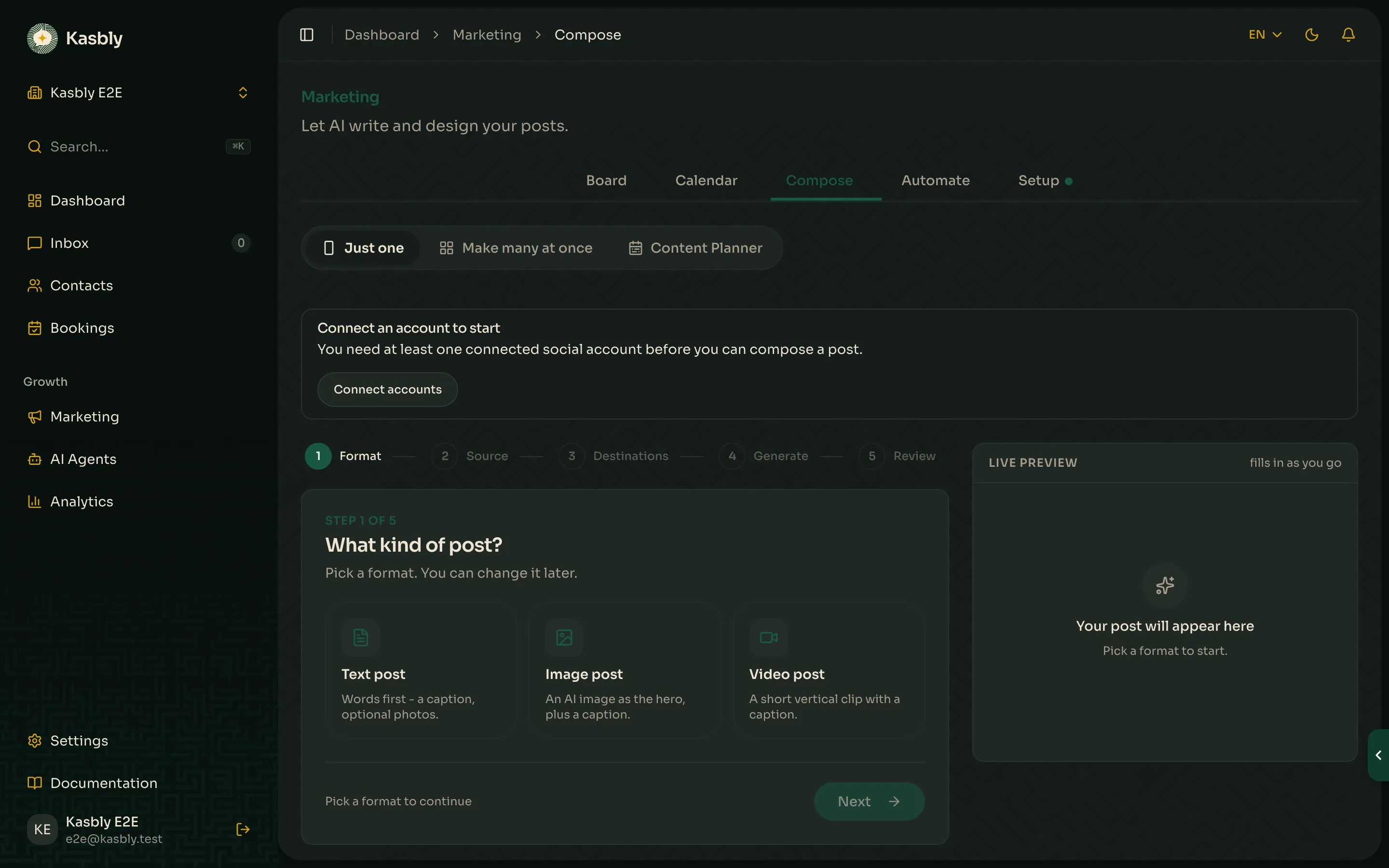 The guided composer with format choices and a live preview