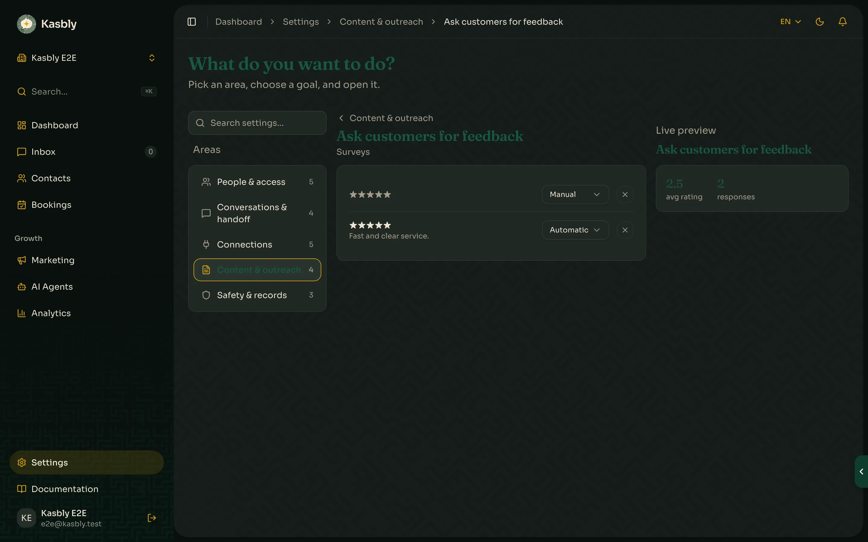 The Surveys settings page
