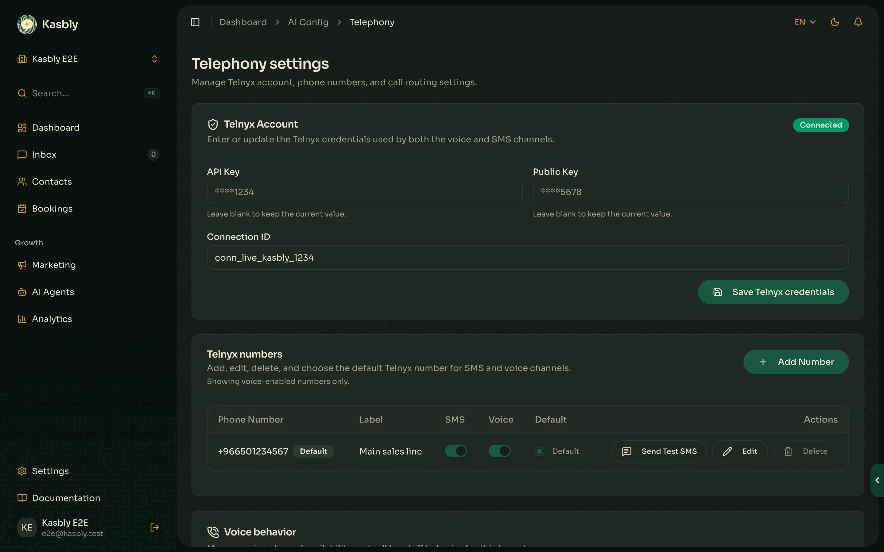 The Telephony settings page