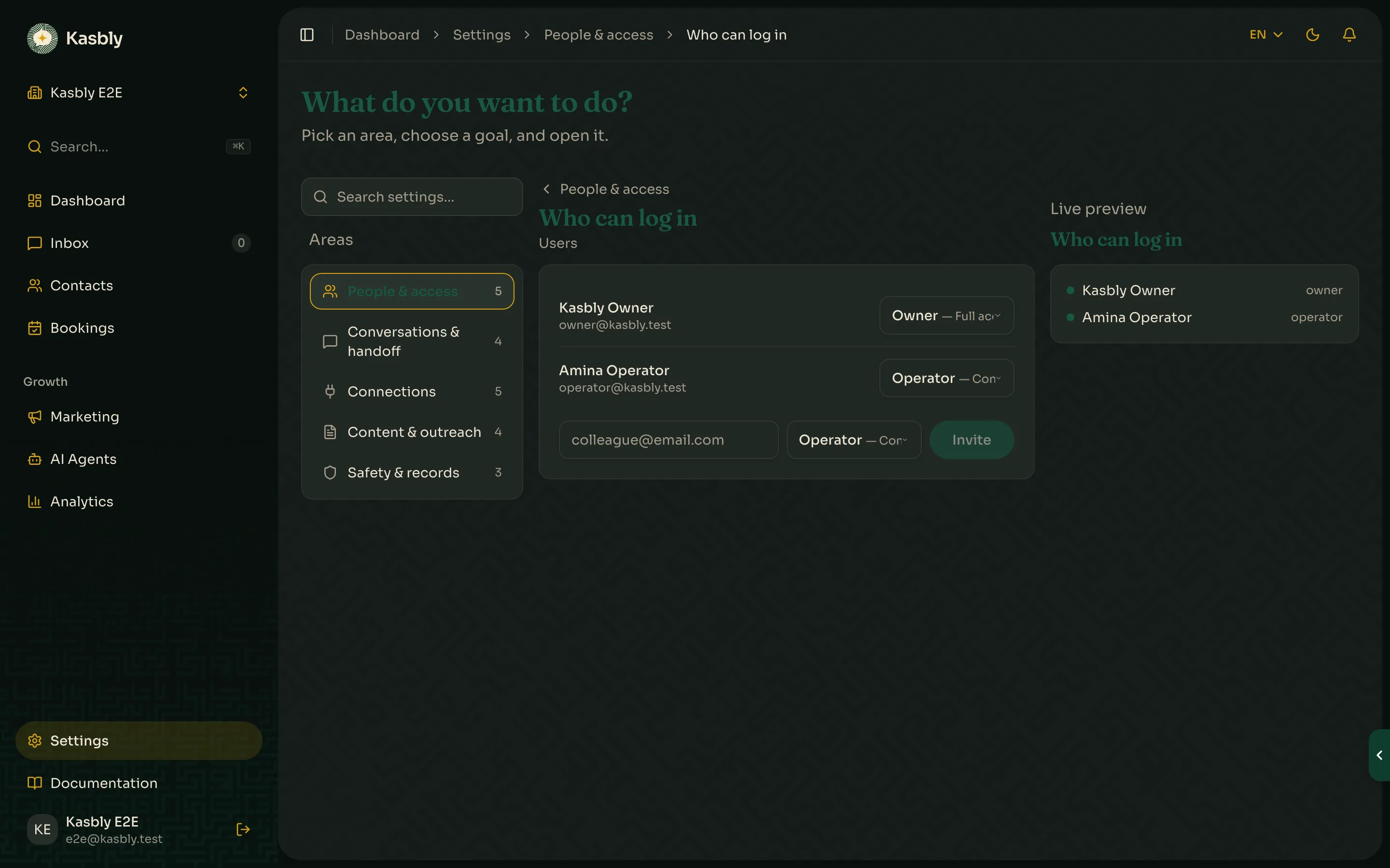 The Users settings page