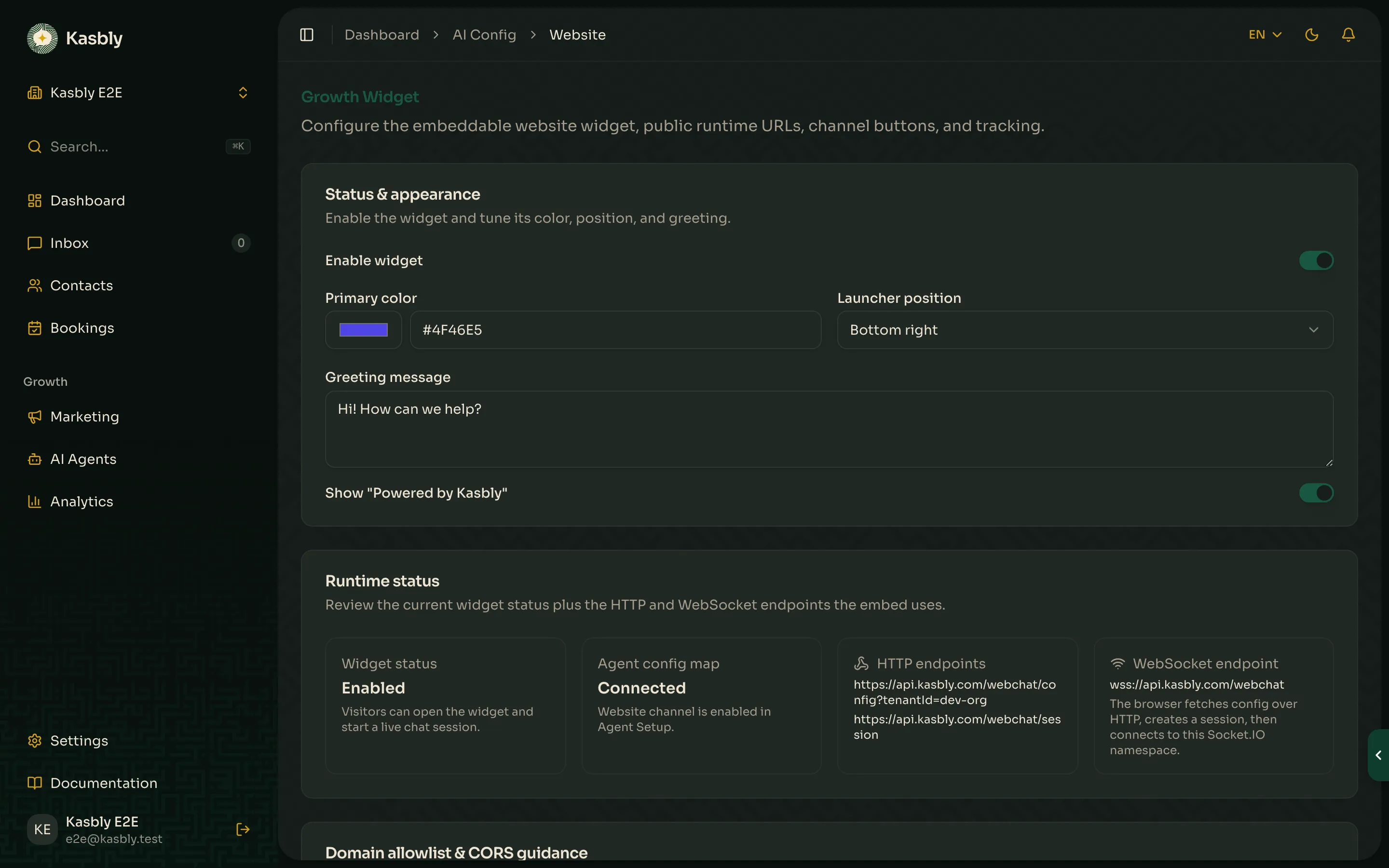 Growth Widget settings: appearance and runtime status
