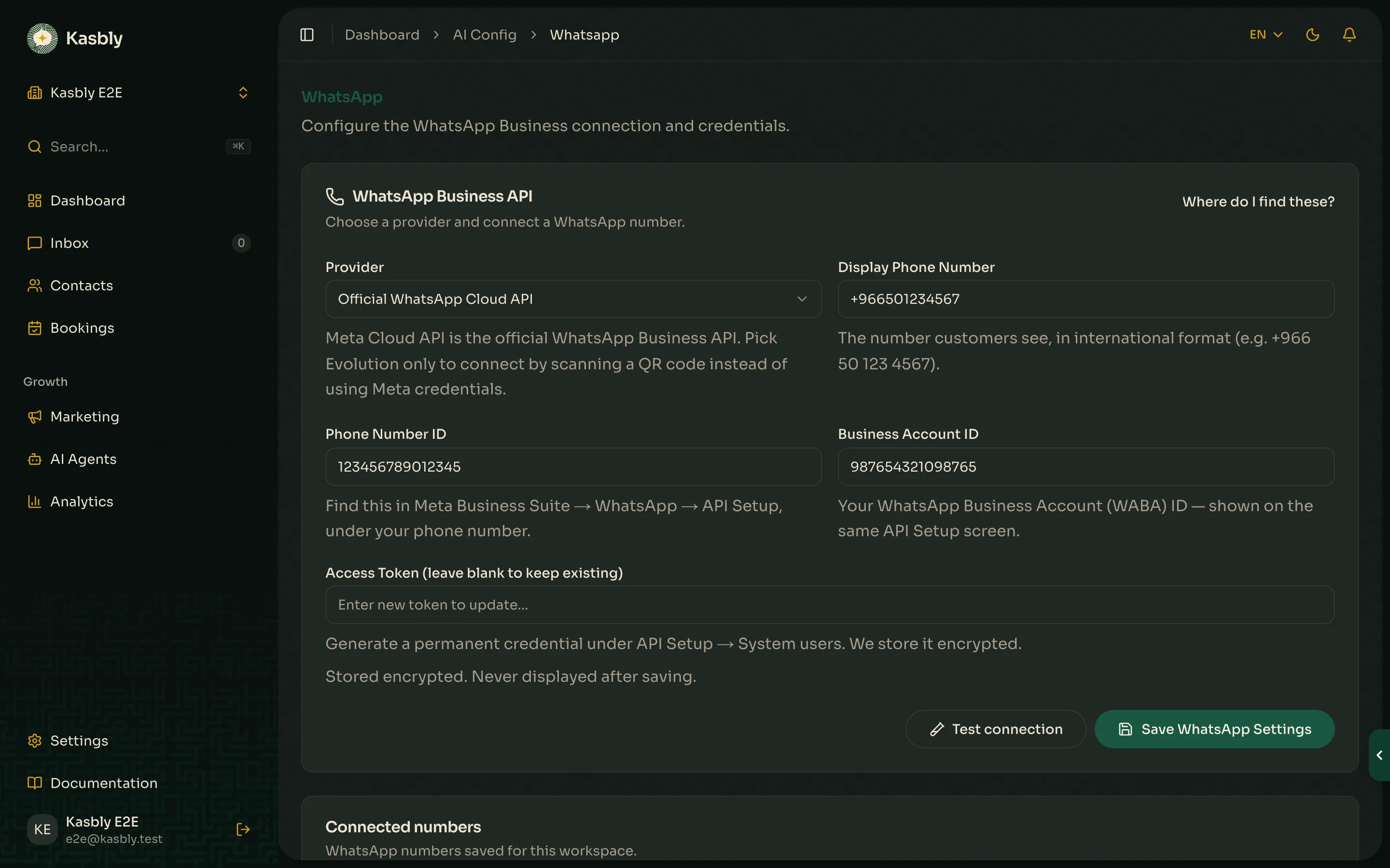 WhatsApp Business API settings form