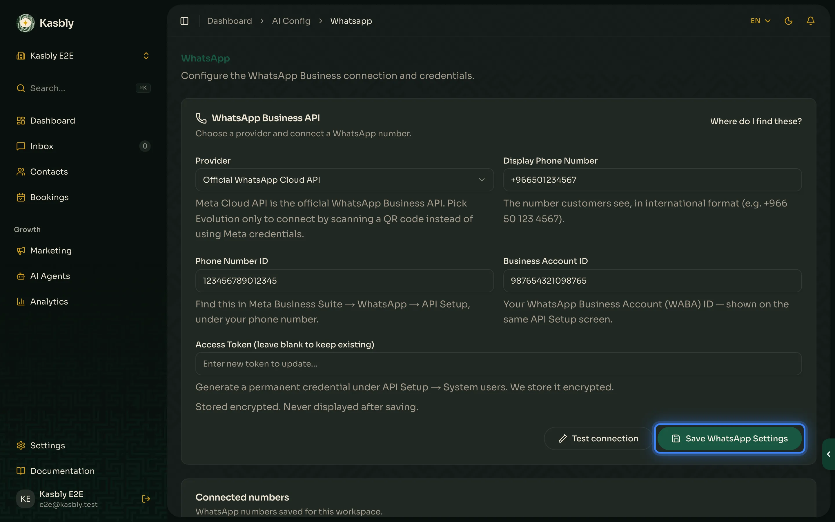 WhatsApp settings form with the Save button highlighted